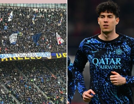 San Siro celebra Alessandro Bastoni con striscioni e cori